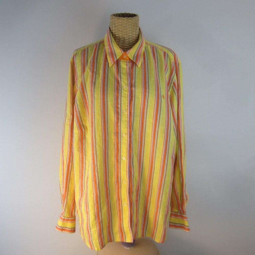 Ralph Lauren Women Plus 1X Yellow Orange Stripe L Linen Shirt Contrast Collar